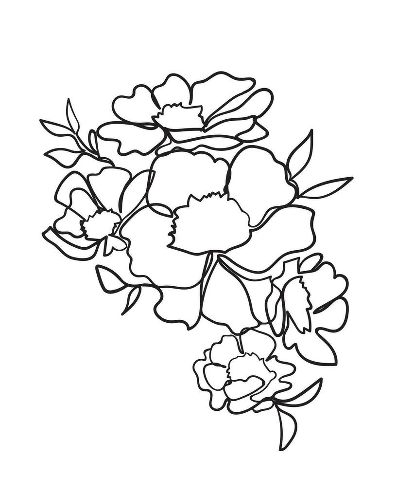 Floral arrangement of blooming flowers for decorating a greeting cards. Line art. - Vector illustration