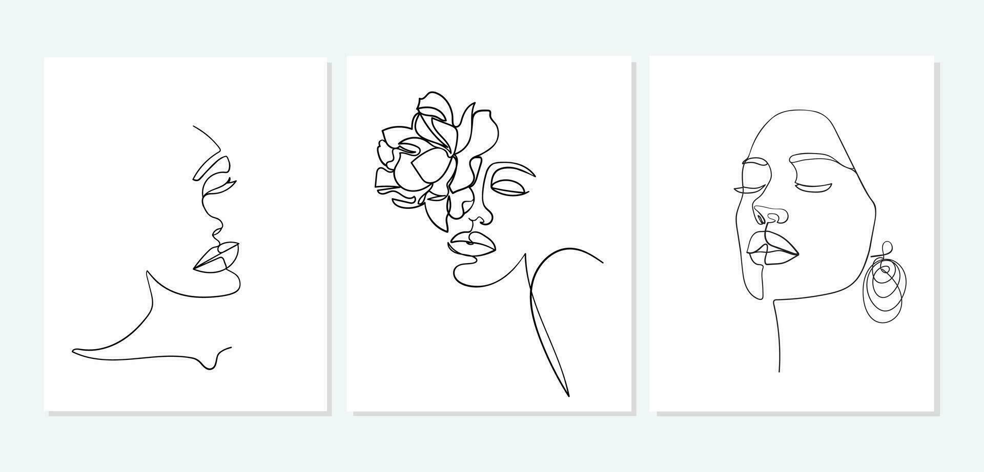 Set of faces. Simple, minimalist vector illustration of beautiful woman face. Line drawing.