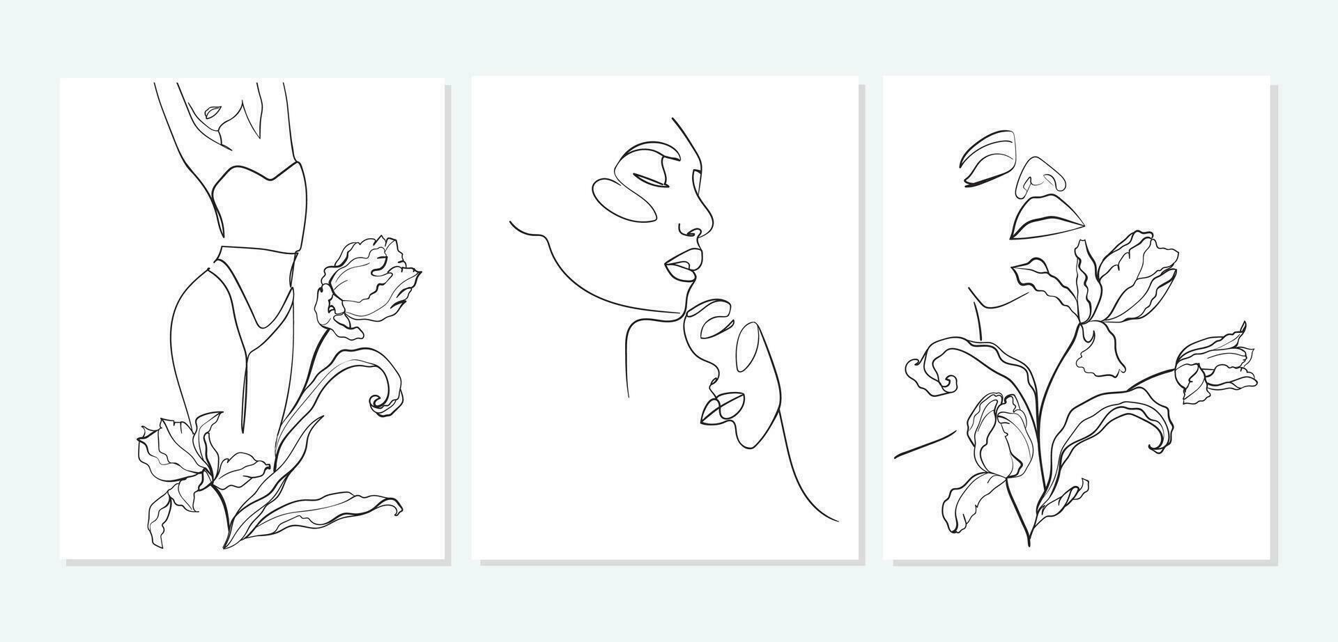 Set of minimal line art womans with flawers and loving couple. Black Lines Drawing. - Vector illustration