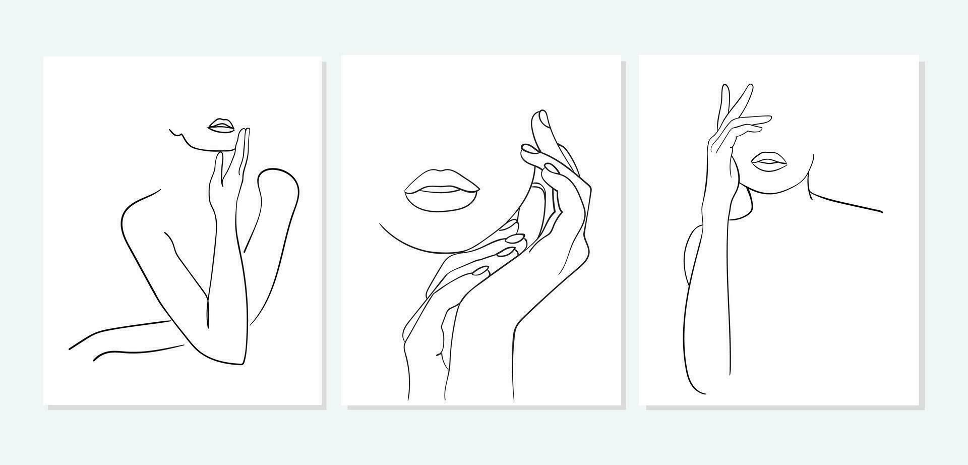 Set of Minimal line art woman with hand on face. Black Lines Drawing. - Vector illustration