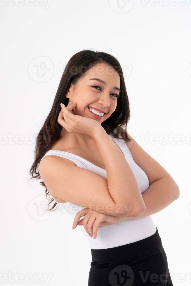 Portrait of a happy Asian beautiful woman and beautiful skin. Concept of Skin care and nutritious food photo