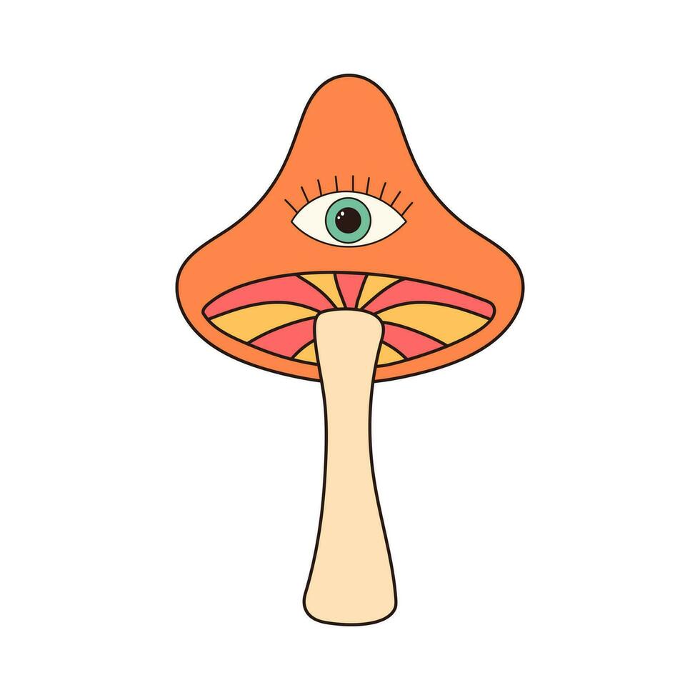 Hippie groovy mushroom with magic eye. Retro psychedelic cartoon element. Vector illustration isolated on white background.