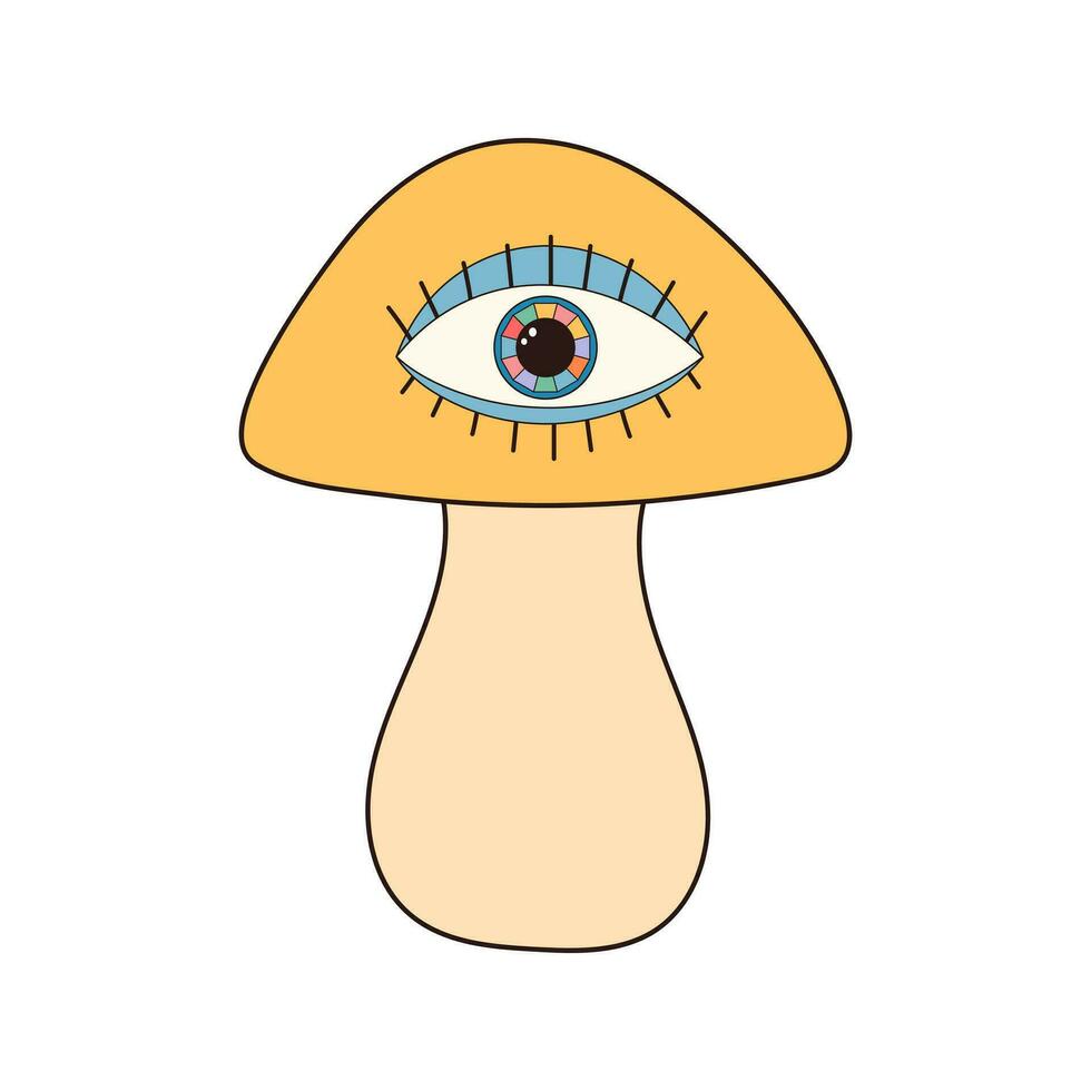 Hippie groovy mushroom with magic eye. Retro psychedelic cartoon element. Vector illustration isolated on white background.