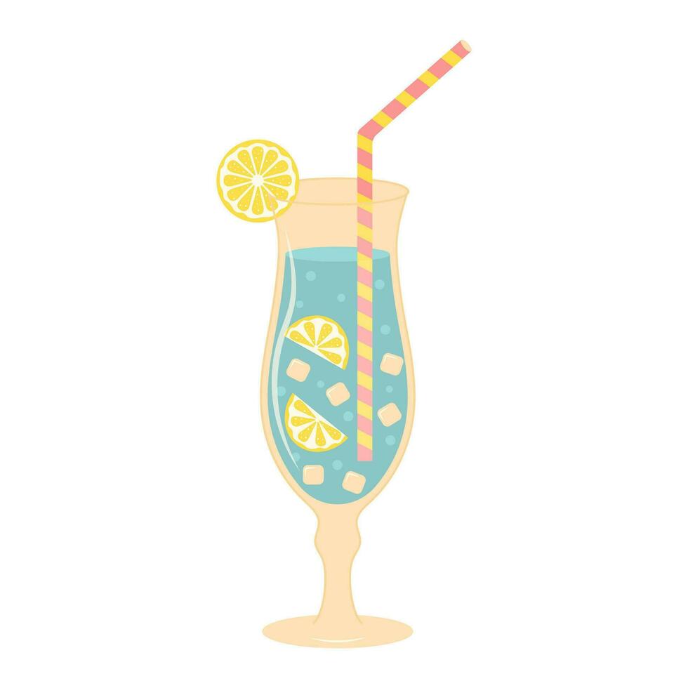 Summer cocktail with straw, lemon and ice. Cold fresh drink. Cartoon flat illustration isolated on white background. vector