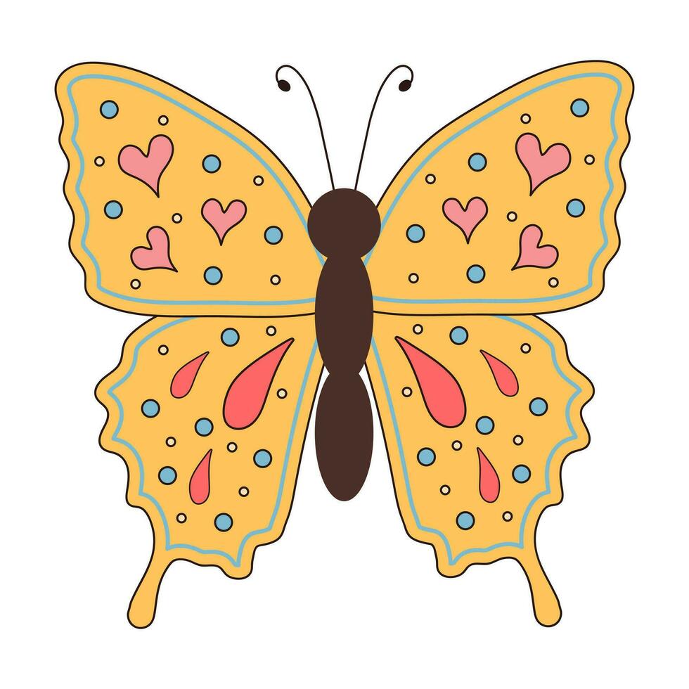 Groovy butterfly. Boho Summer retro colours butterfly icon. Hippie psychedelic element. vector