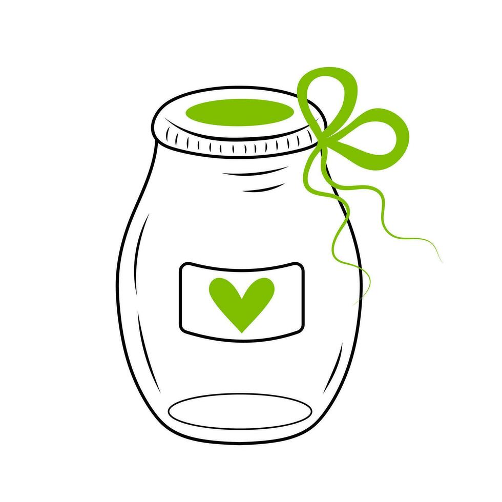 Glass jar with green heart label and bow. Eco friendly recycled jar in doodle style. vector