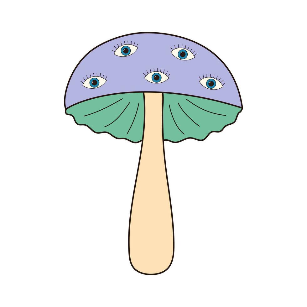 Hippie groovy mushroom with magic eyes. Retro psychedelic cartoon element. Vector illustration isolated on white background.