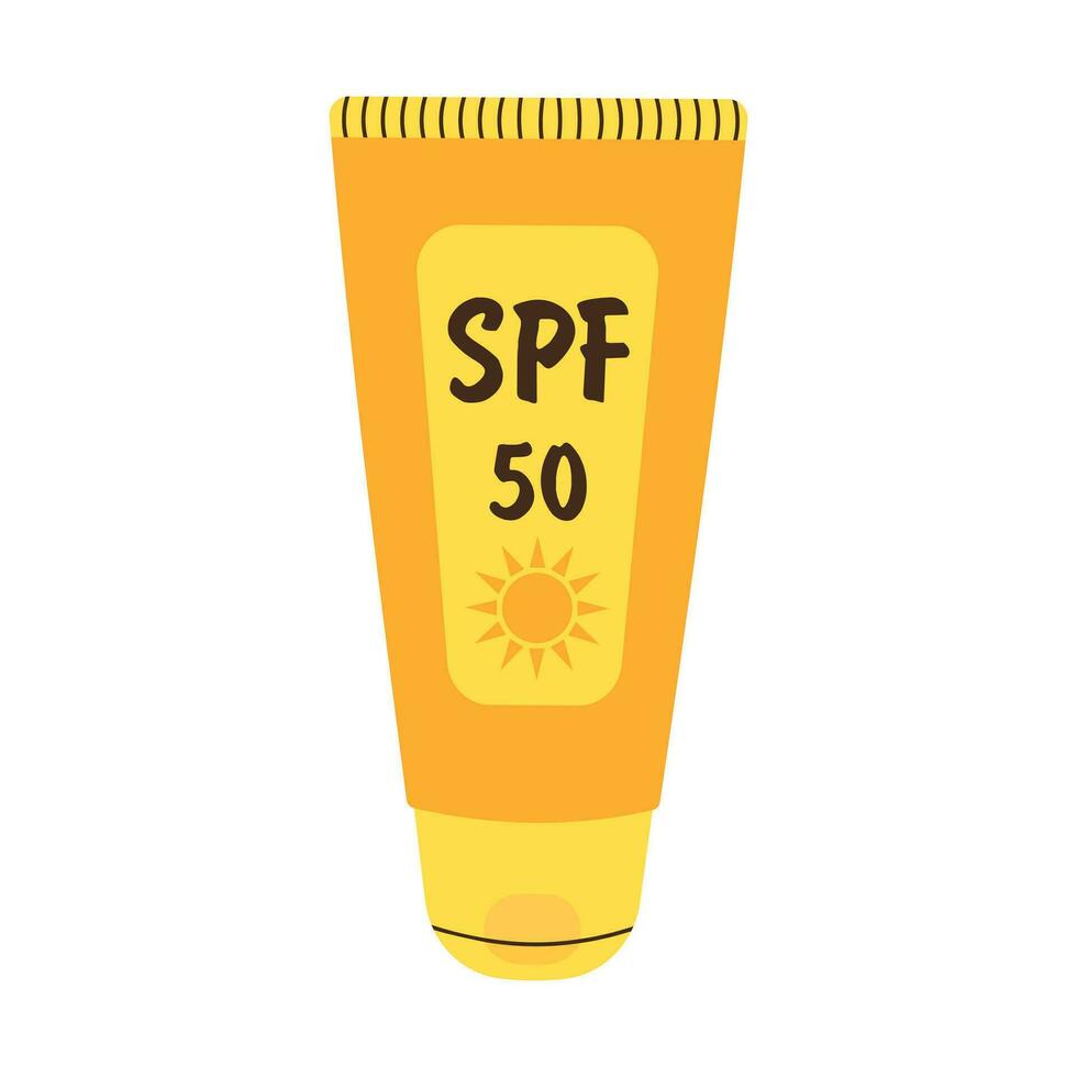 Sunscreen cream in tube. SPF 50. Cartoon flat illustration isolated on white background. vector