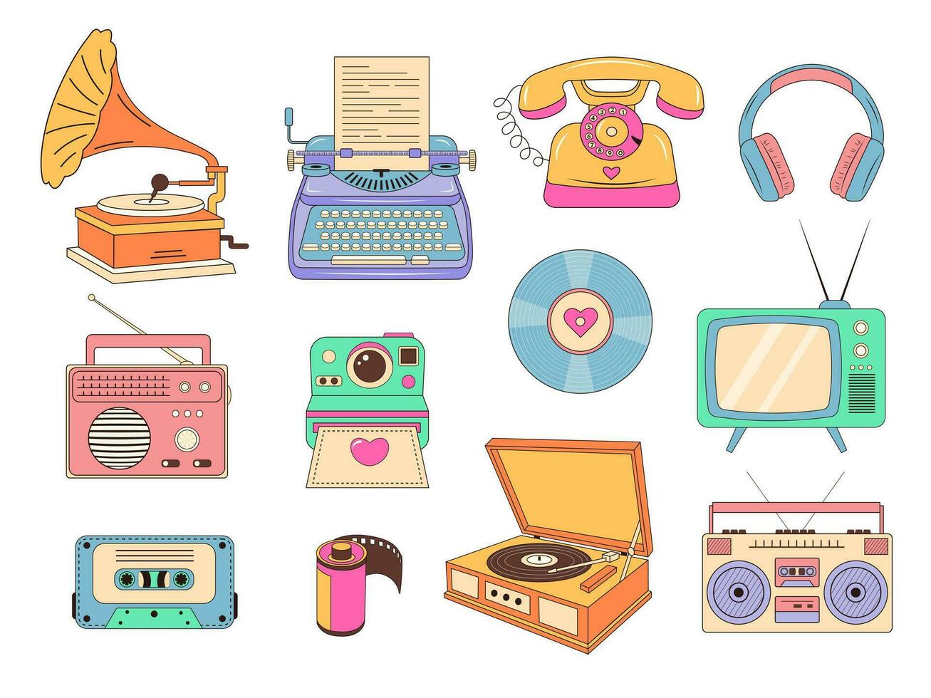 Set of retro devices such as typewriter, phonograph, vintage turntable, vinyl record, camera, earphones, cassette, radio, boombox, telephone, tv and camera roll. Vintage groovy sticker set. vector