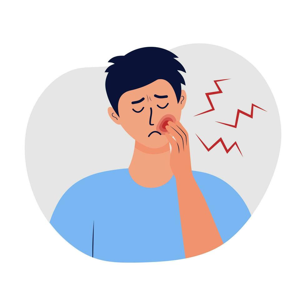 Man holding his cheek and suffering from toothache. Concept of caries, severe pain in the teeth, oral treatment, dental problem. vector