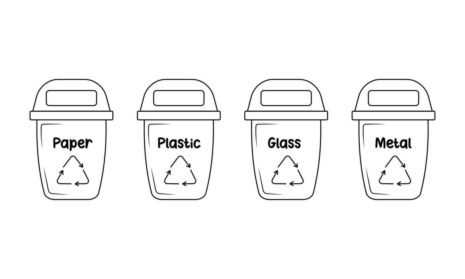 basura latas con ordenado basura. contenedores para papel, el plastico, vaso y metal en garabatear estilo. cero desperdiciar. residuos reciclaje. vector