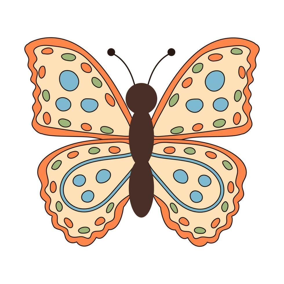 Groovy butterfly. Boho Summer retro colours butterfly icon. Hippie psychedelic element. vector