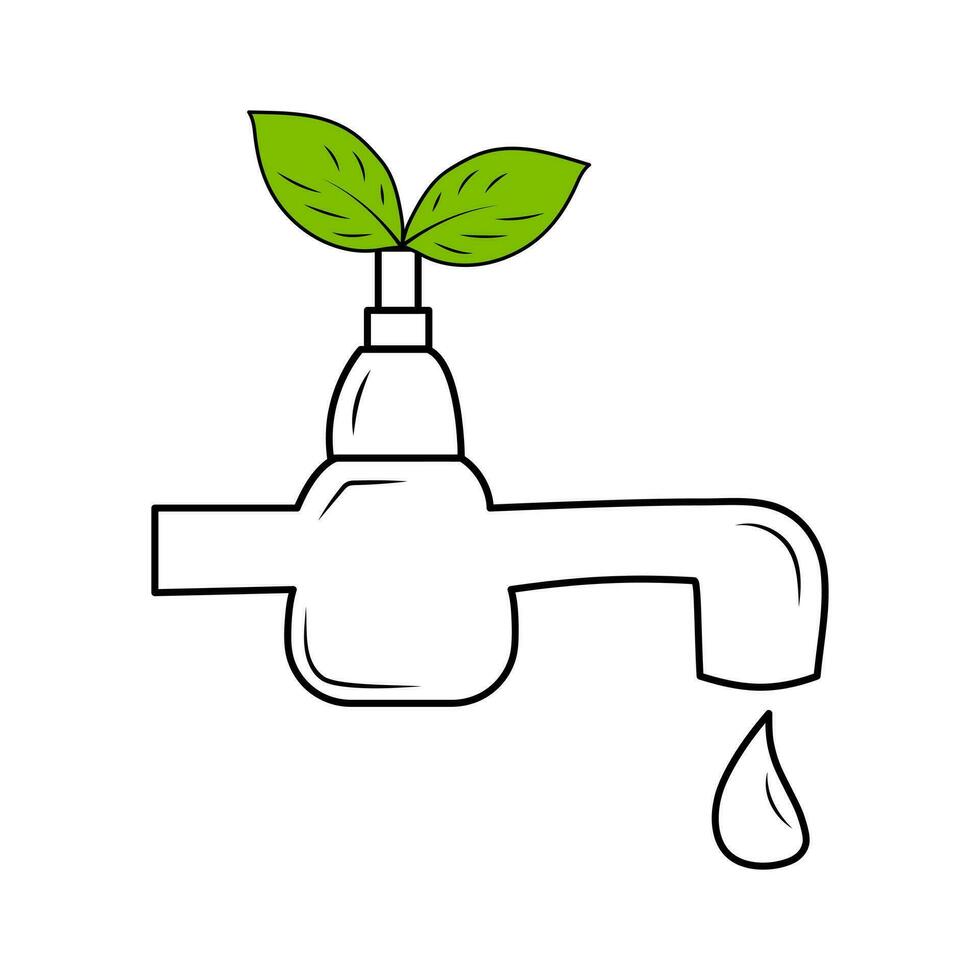 Water faucet with water drop and green leaves in doodle style. Line hand drawn icon. Ecology, save water, natural clean liquid concept. vector