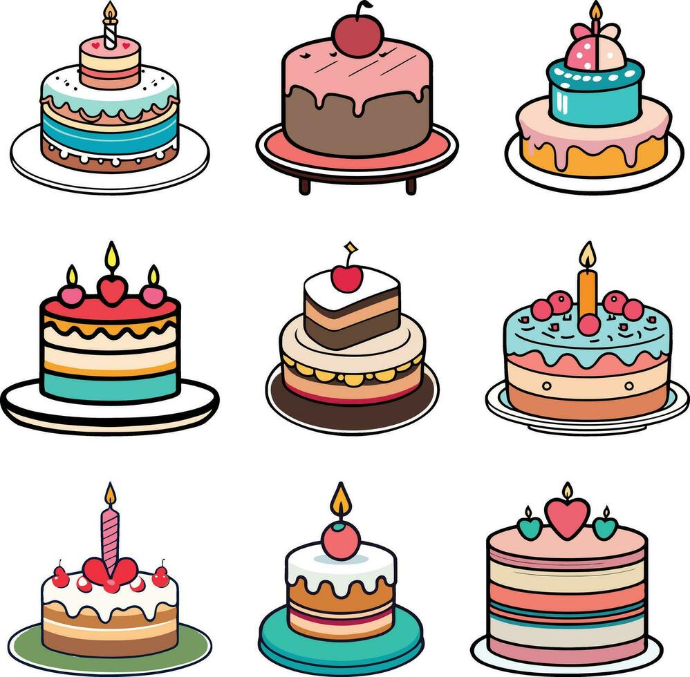 conjunto de dibujos animados estilo cumpleaños pastel ilustración, plano frente diseño tarta íconos colección vector