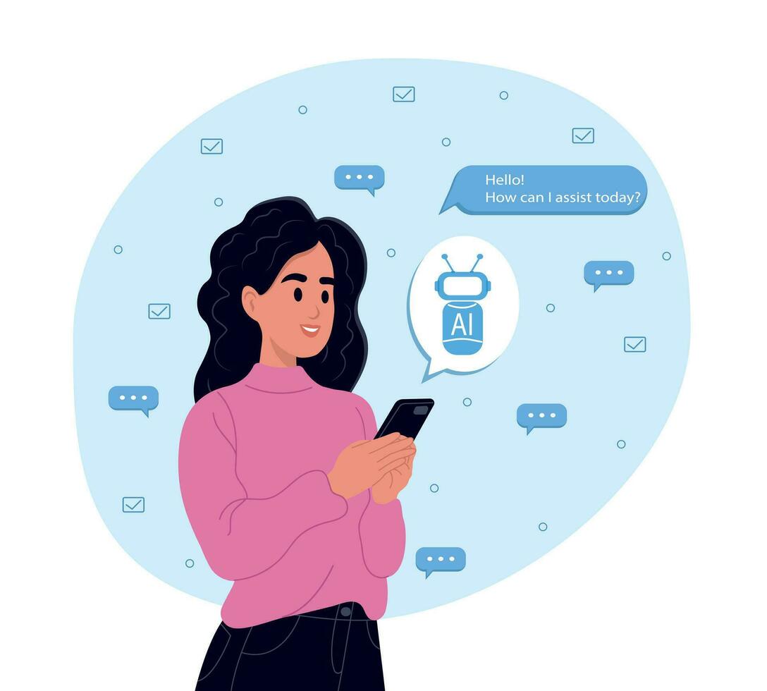 Woman uses the technology of a smart AI robot. Chat concept, artificial intelligence. Dialogue between the AI assistant and the user in the messenger vector