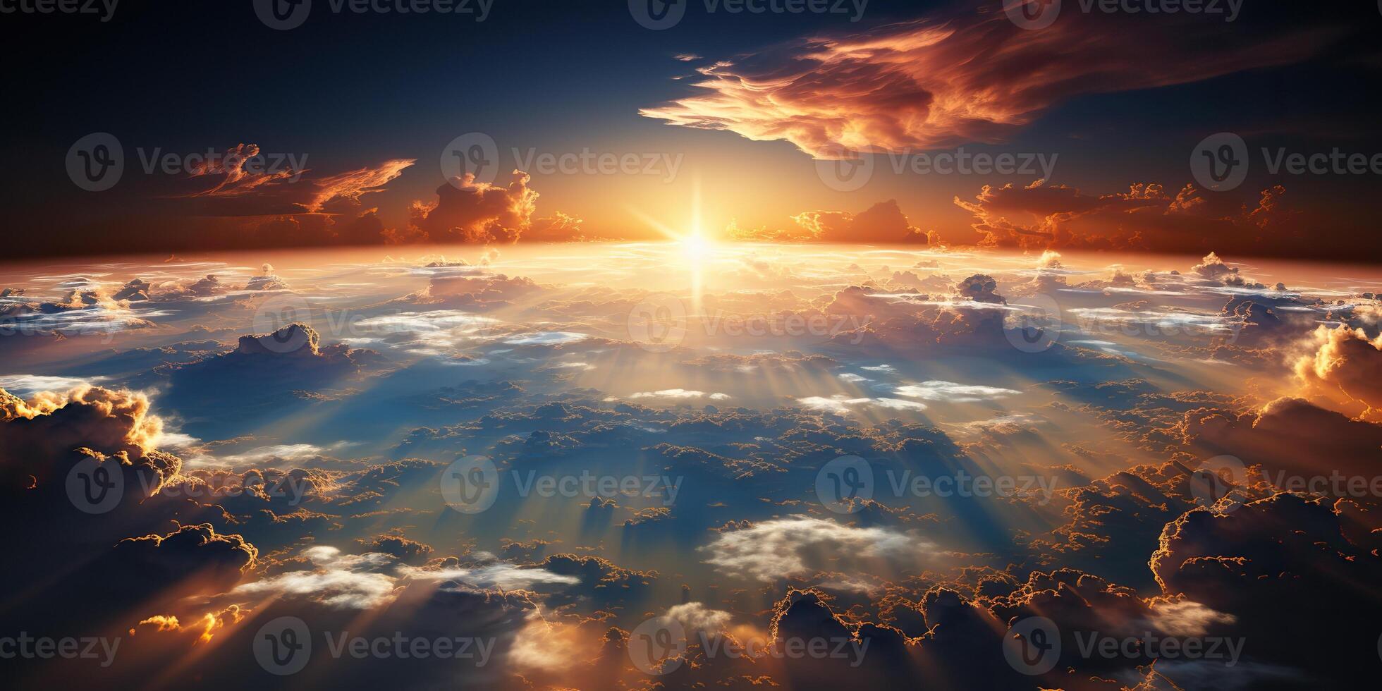 AI Generated. AI Generative. Air drone aerial view cloudscape landscape nature outdoor fly from above earth clouds sun sunbeams. Graphic Art photo