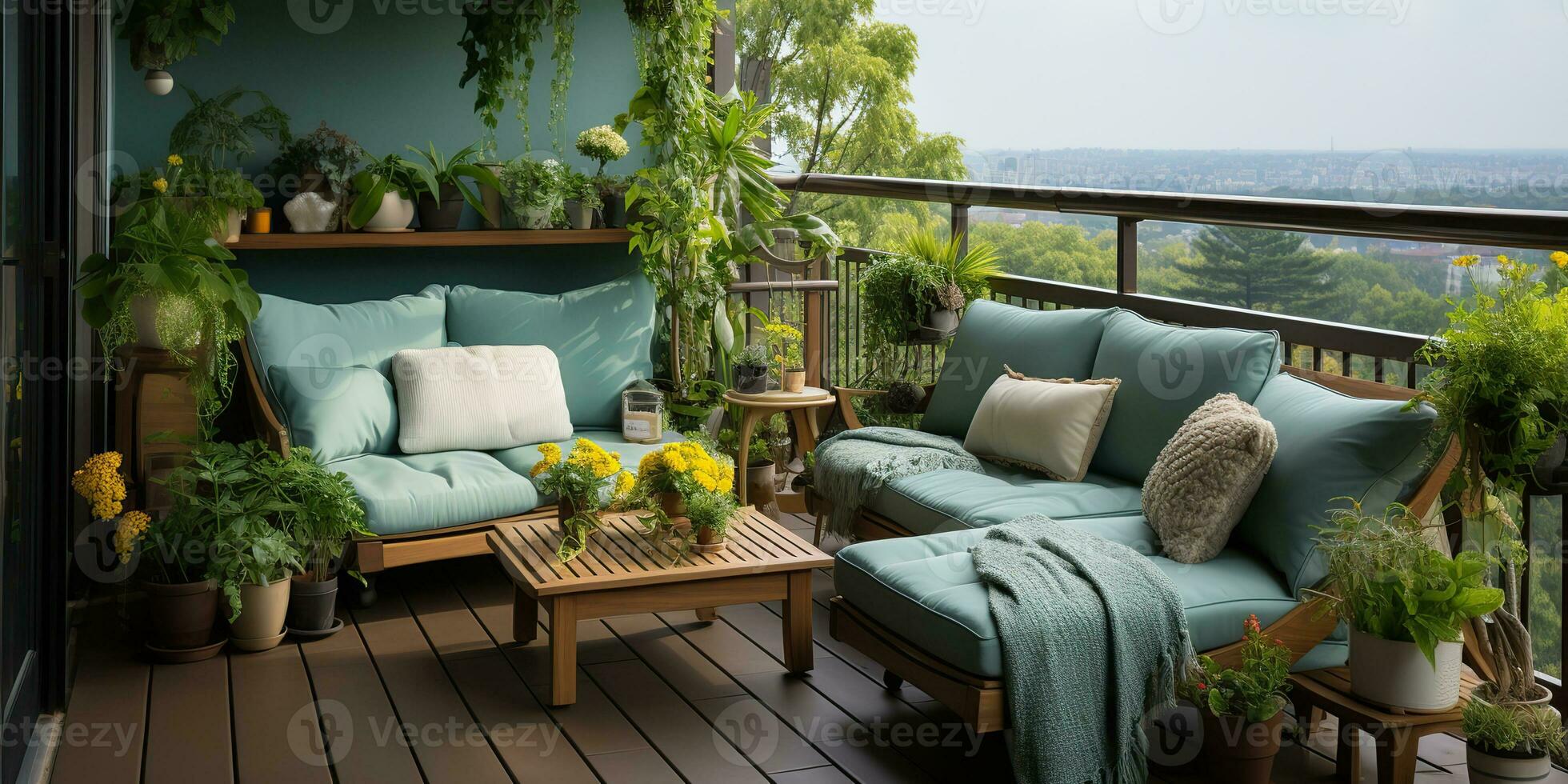 ai generado. ai generativo. acogedor familia hogar hotel Departamento terraza balcón con sentar sillas de madera mesa y muchos plantas. vacaciones relajarse onda. gráfico Arte foto