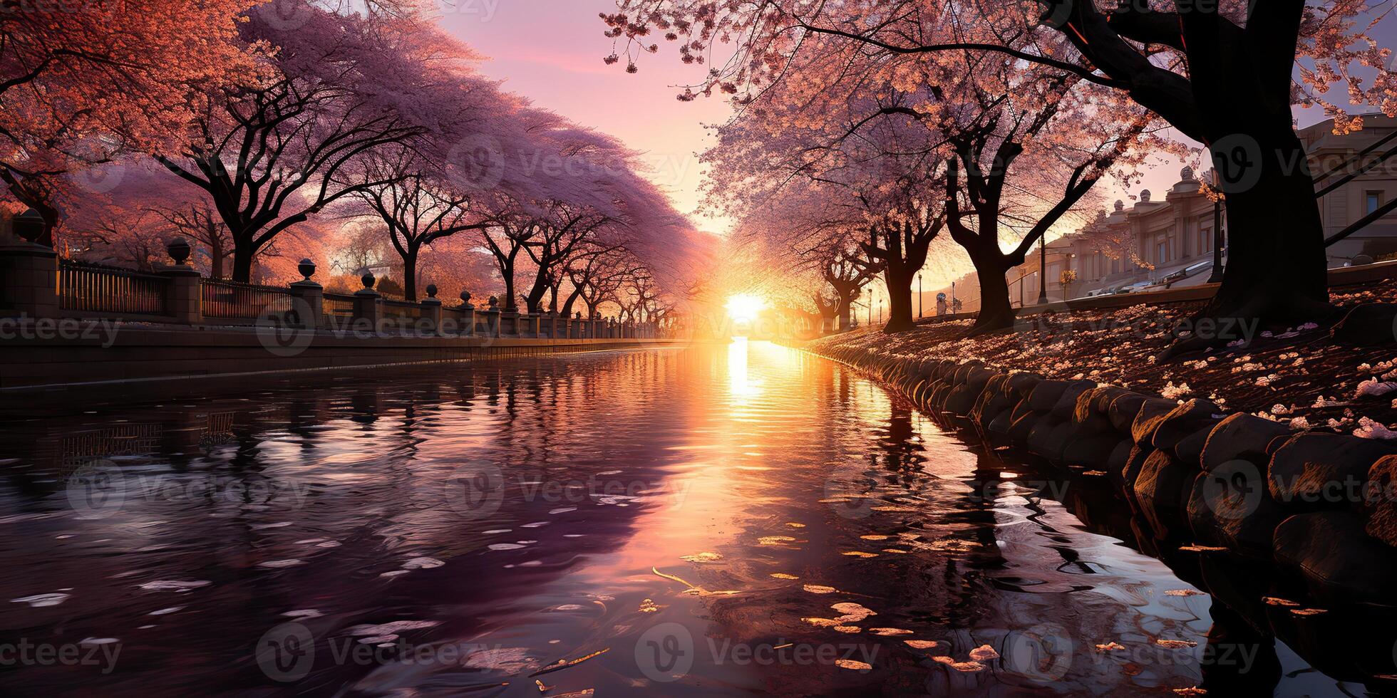 AI Generated. AI Generative. Beautiful Japanese asian walk road with blossom cherry tree plant trees. Romantic calm vacation relax vibe. Graphic Art photo