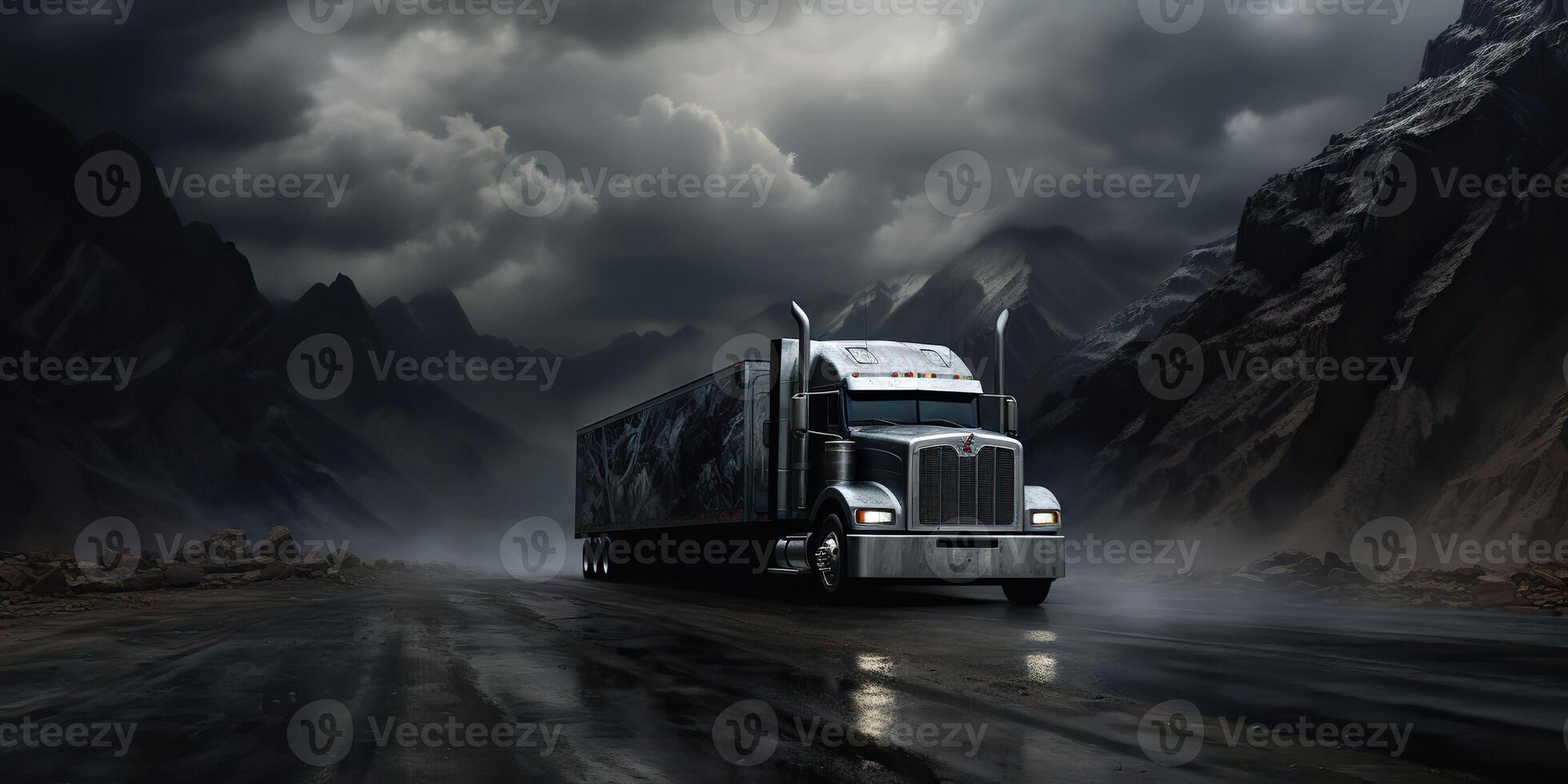 . . Modern huge cargo truck on mountain road move. Shipping delivery commerical trip. Graphic Art photo