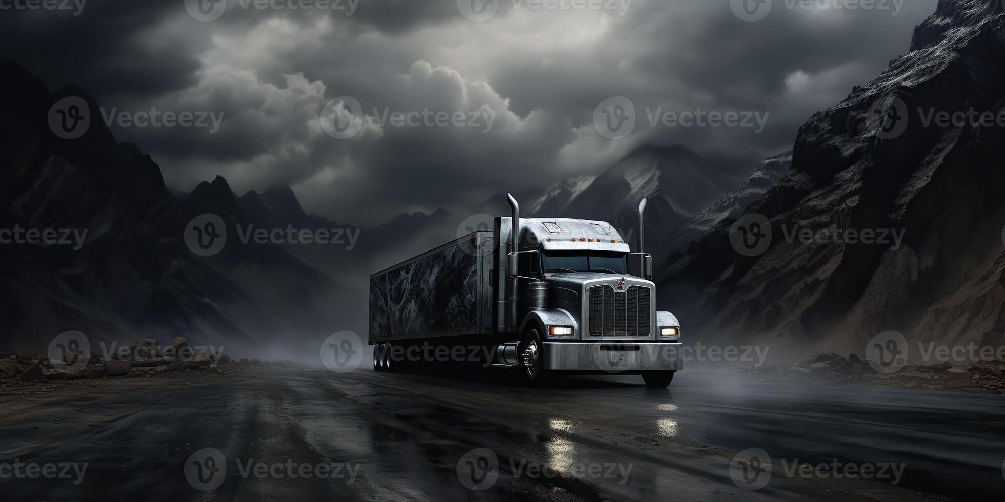 AI Generated. AI Generative. Modern huge cargo truck on mountain road move. Shipping delivery commerical trip. Graphic Art photo