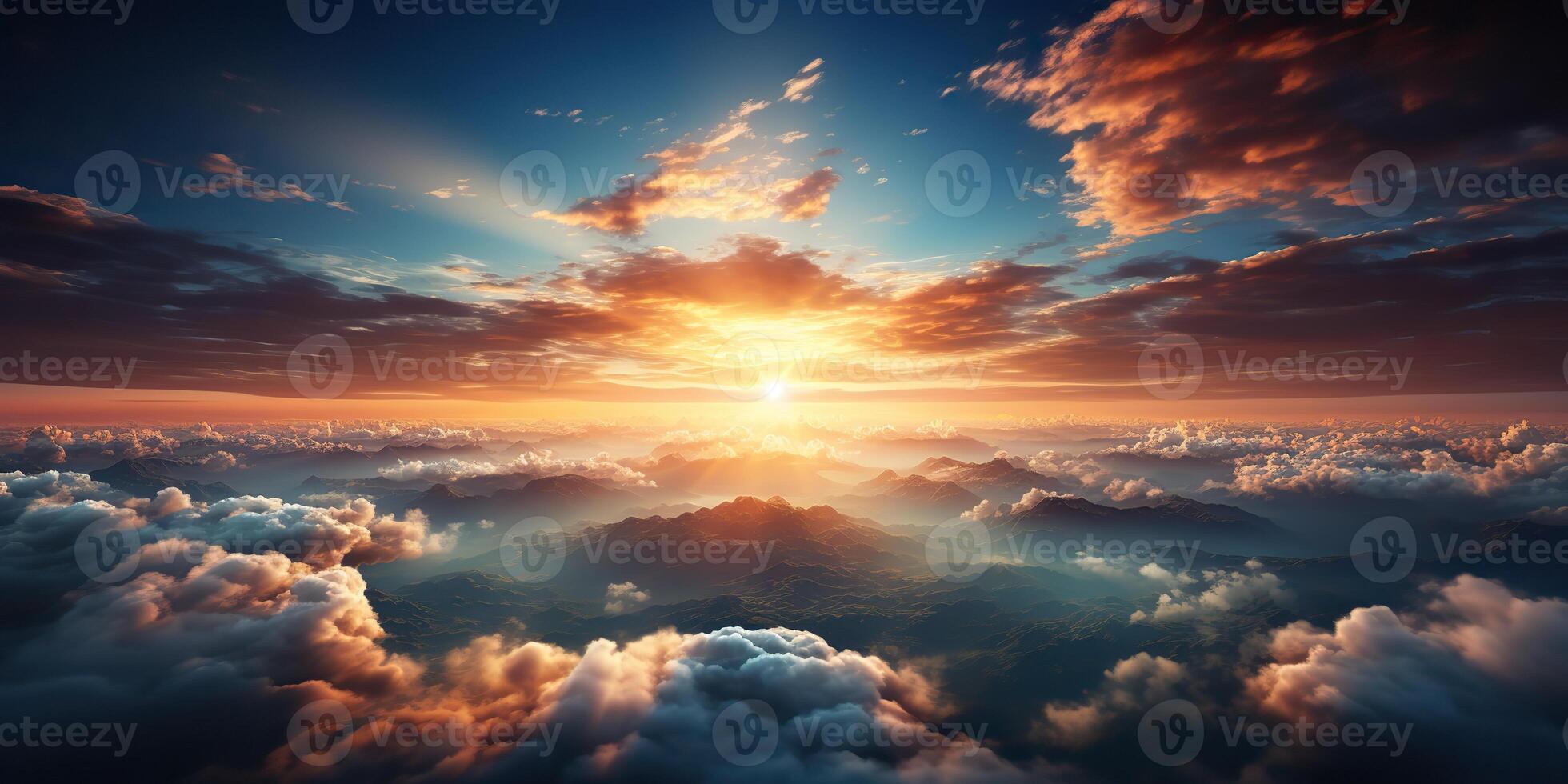 . . Air drone aerial view cloudscape landscape nature outdoor fly from above earth clouds sun sunbeams. Graphic Art photo