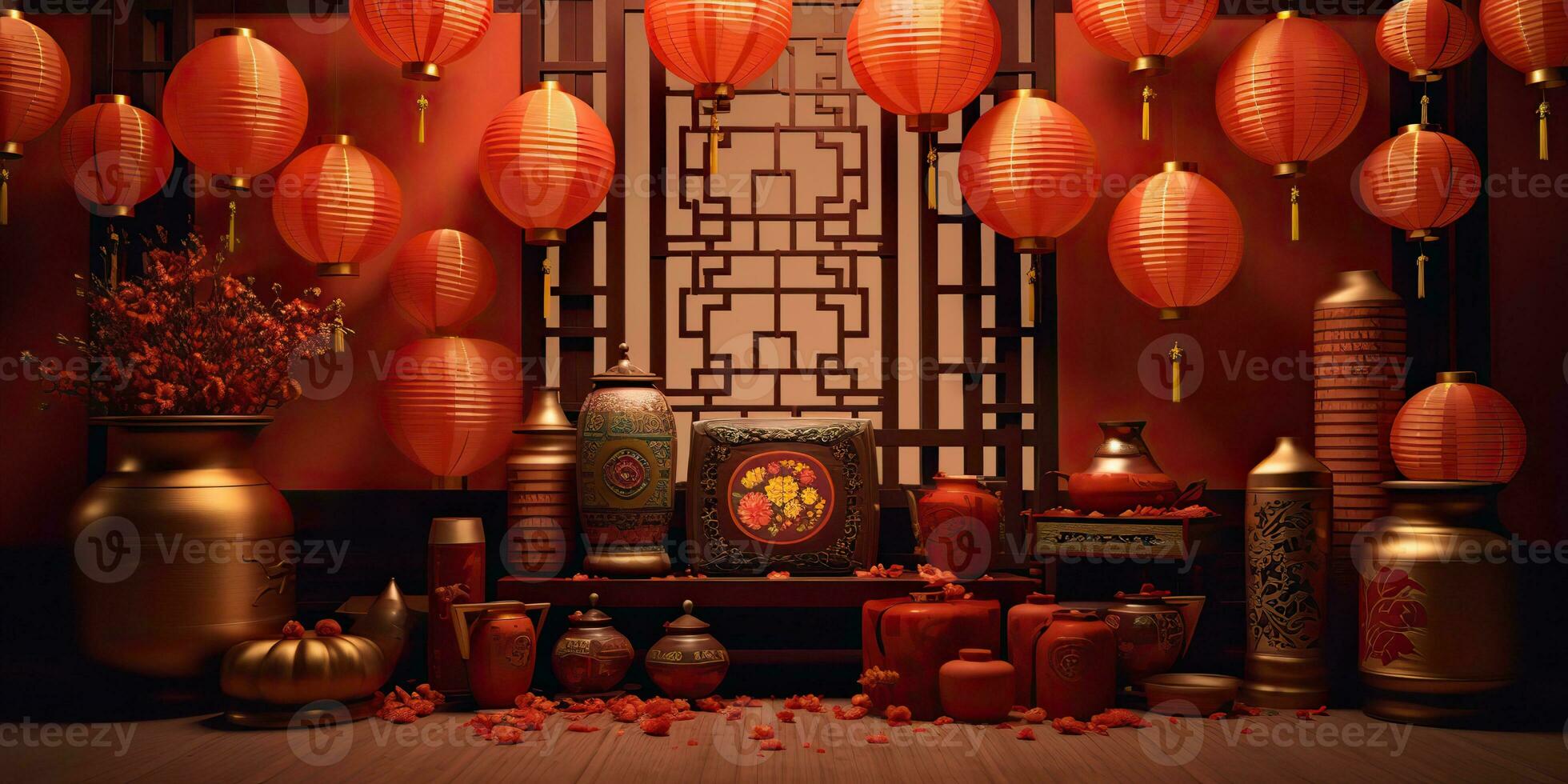 AI Generated. AI Generative. Chinese New Year winter holiday festival. Traditional decoration background relax red colors vibe. Graphic Art photo