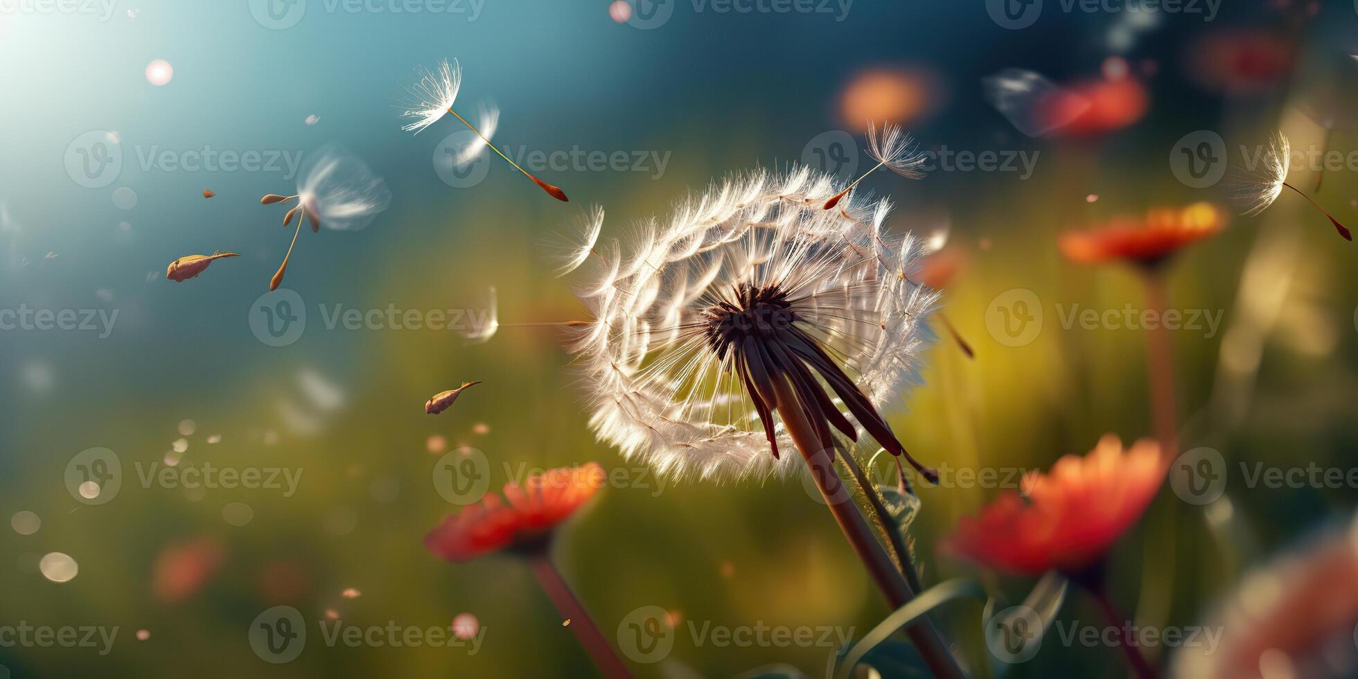 . . Seeded dandelion wild flower on field blowing. Nature outdoor wildflower adventure vacation landscape. Graphic Art photo