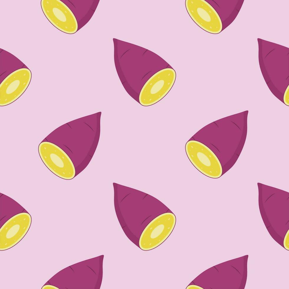 Purple sweet potato seamless pattern vector illustration, flat design for use as wallpaper, wrapping paper, background or backdrop. Tasty vegan . Organic product. Culinary ingredient.