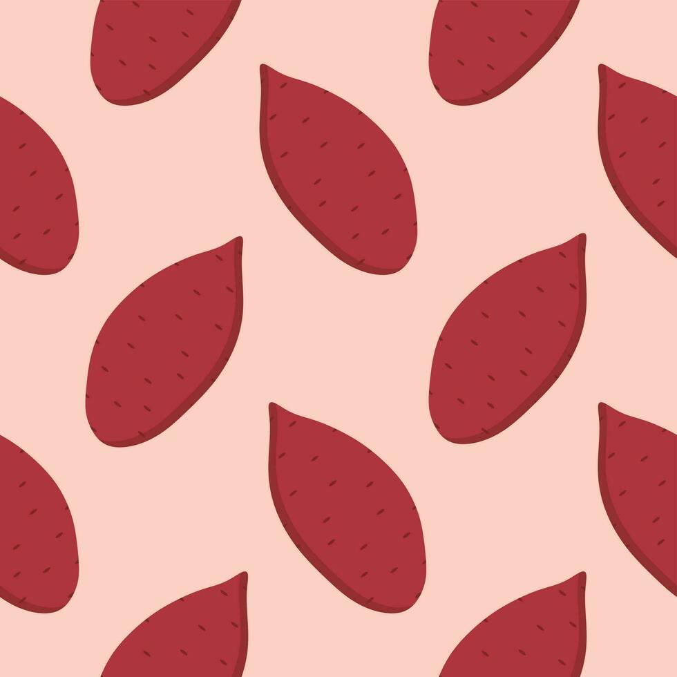 Purple sweet potato seamless pattern vector illustration, flat design for use as wallpaper, wrapping paper, background or backdrop. Tasty vegan . Organic product. Culinary ingredient.