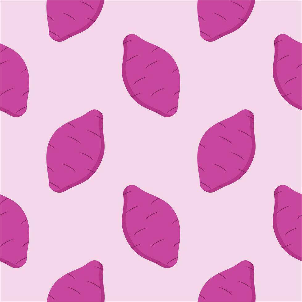 Purple sweet potato seamless pattern vector illustration, flat design for use as wallpaper, wrapping paper, background or backdrop. Tasty vegan . Organic product. Culinary ingredient.