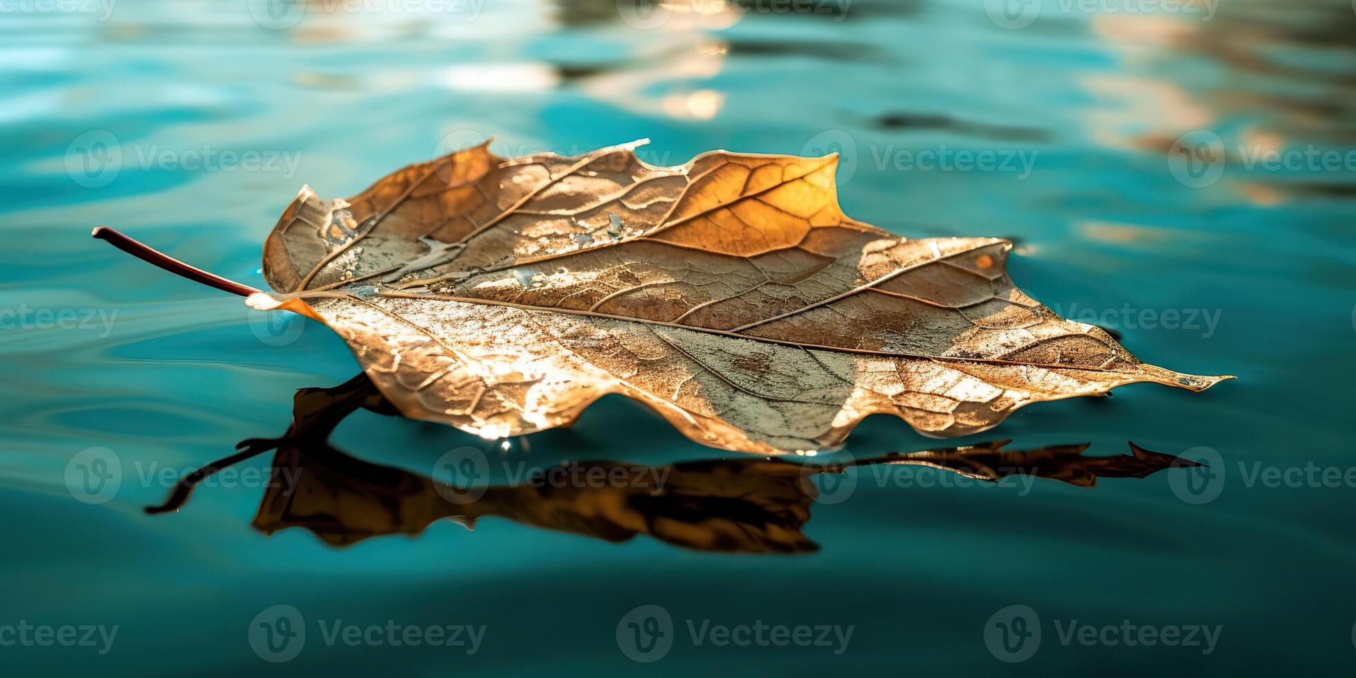 . . Nature outdoor wild leaf floating on blue water sea surface. Adventure plant fall vibe. Graphic Art photo