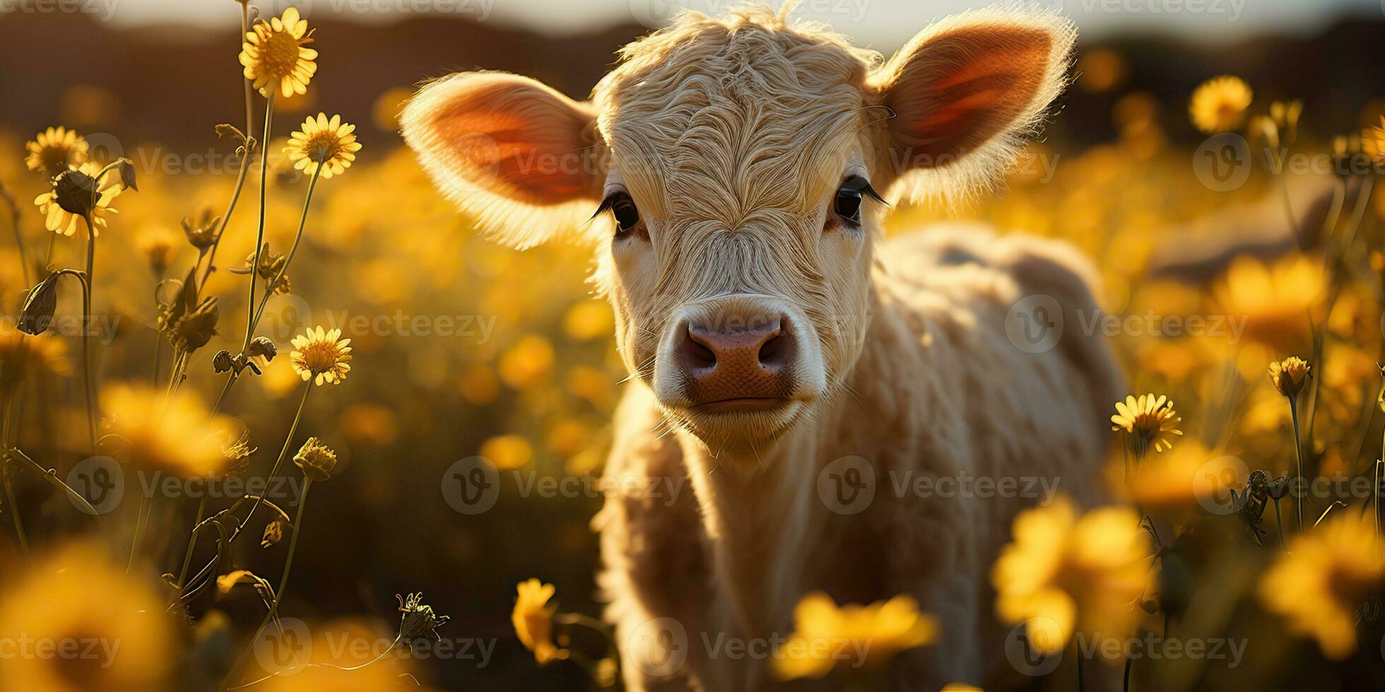 ai generado. ai generativo. hermosa joven ápice becerro en girasol campo a puesta de sol. naturaleza paisaje granja vaca animal onda. gráfico Arte foto