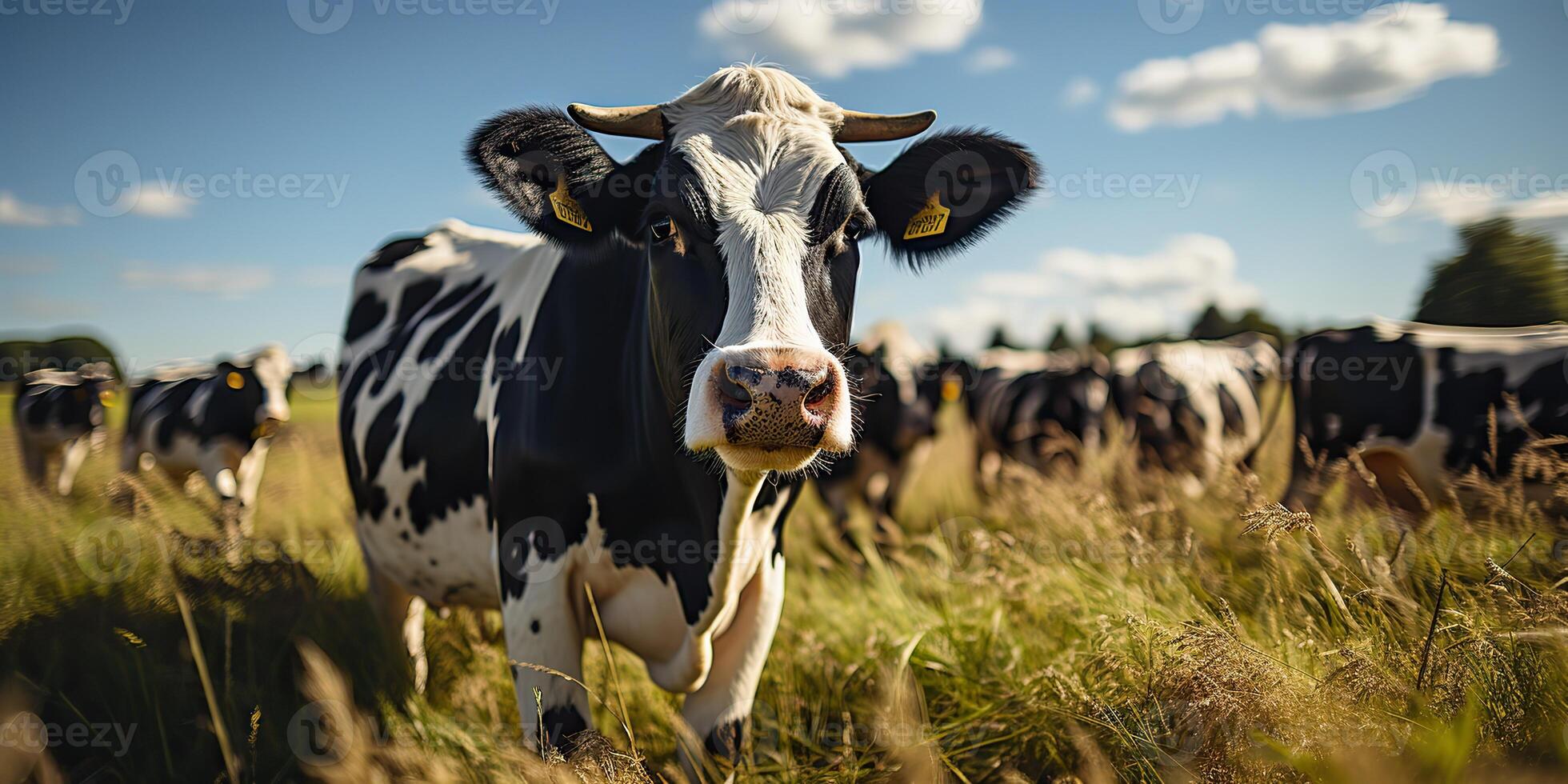 AI Generated. AI Generative. Cow animal face frontal funny portrait at green field farm. Landscape farming nature outdoor village live style. Graphic Art photo