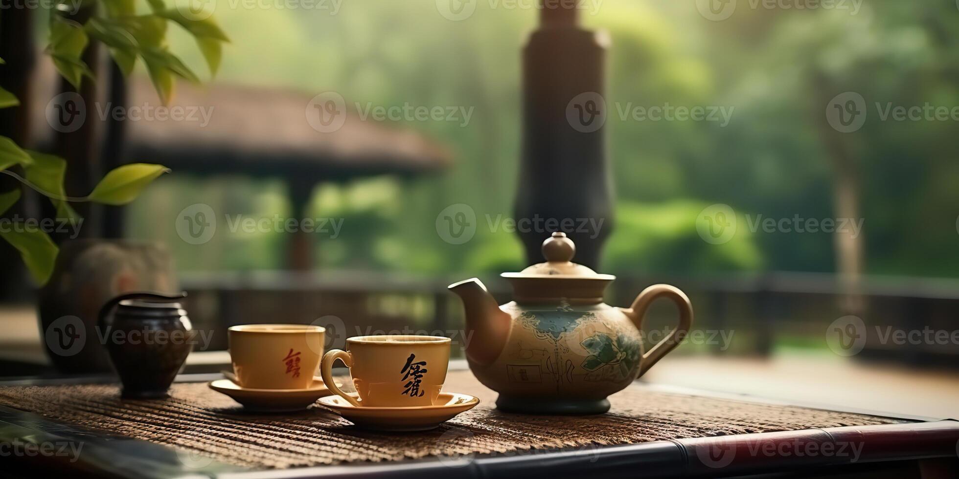 . . Chinese temple with tea set on bamboo. table. Asian traditional architecture decor design. Adventure meditaion vibe. Graphic Art photo