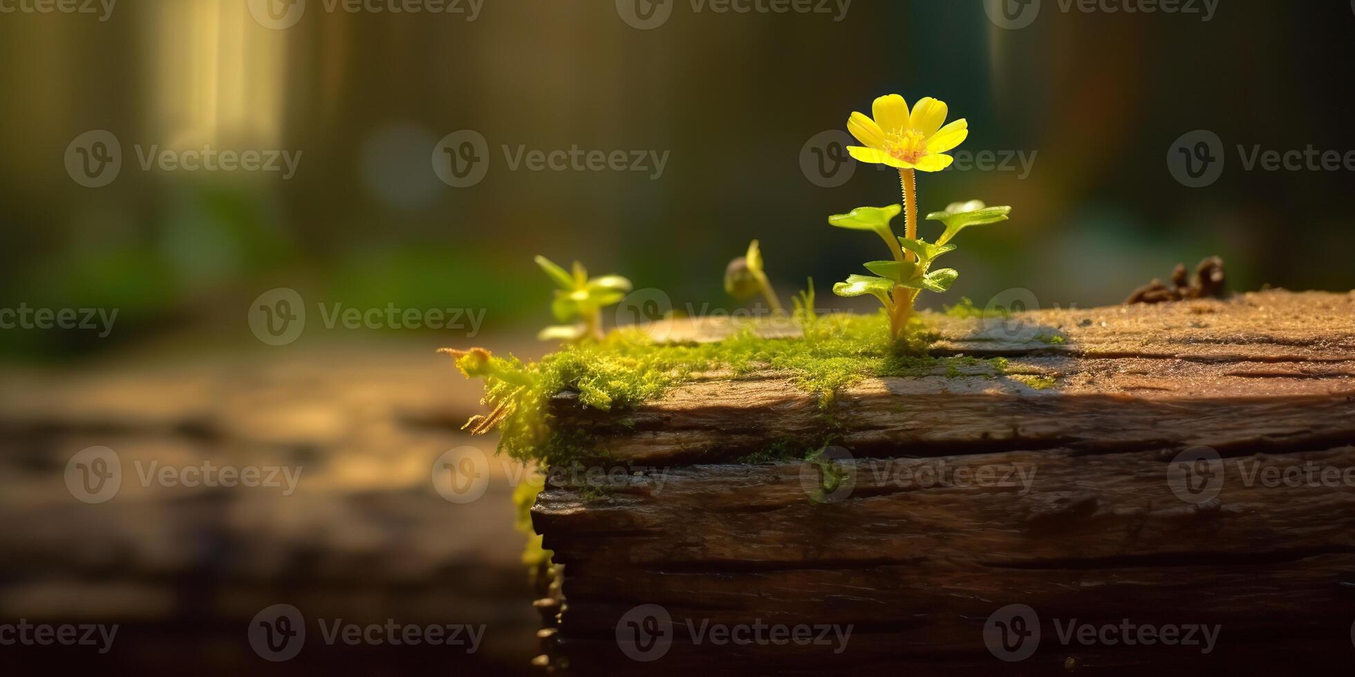 . . Beautiful yellow flower growing from wooden brick block table. Floral power strong nature outdoor vibe. Graphic Art photo