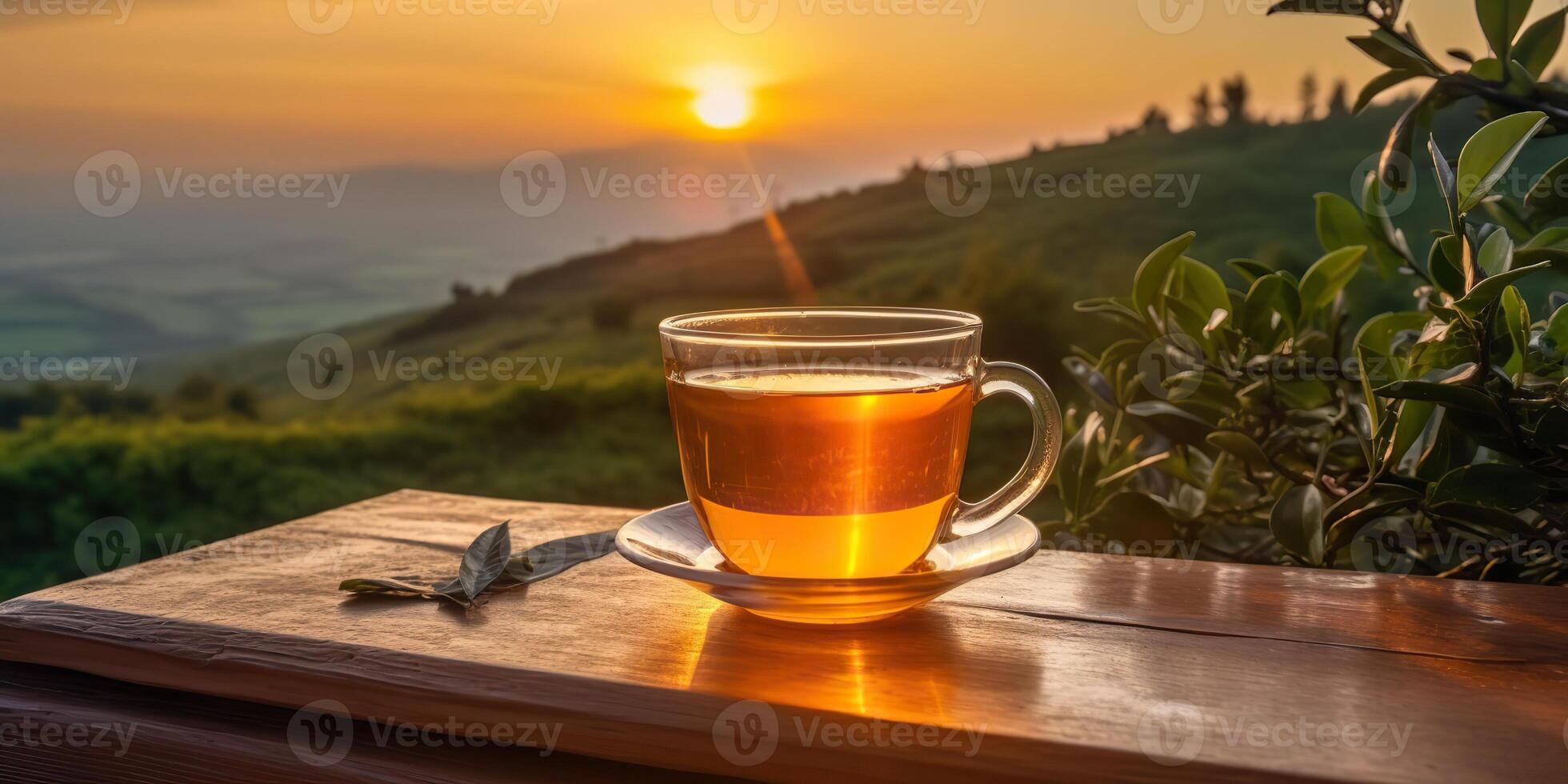 . . Cup of green tea with field green plantation mountain background scene. Graphic Art photo