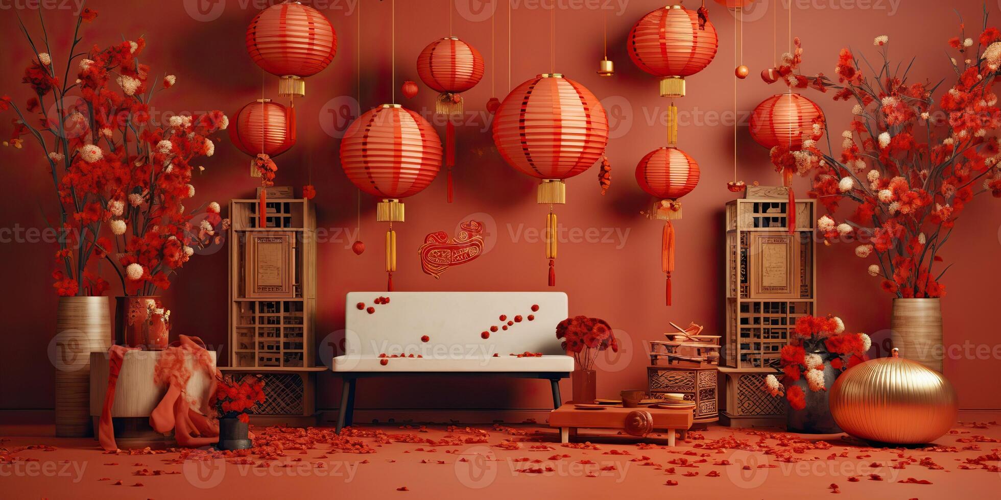 AI Generated. AI Generative. Chinese New Year winter holiday festival. Traditional decoration background relax red colors vibe. Graphic Art photo