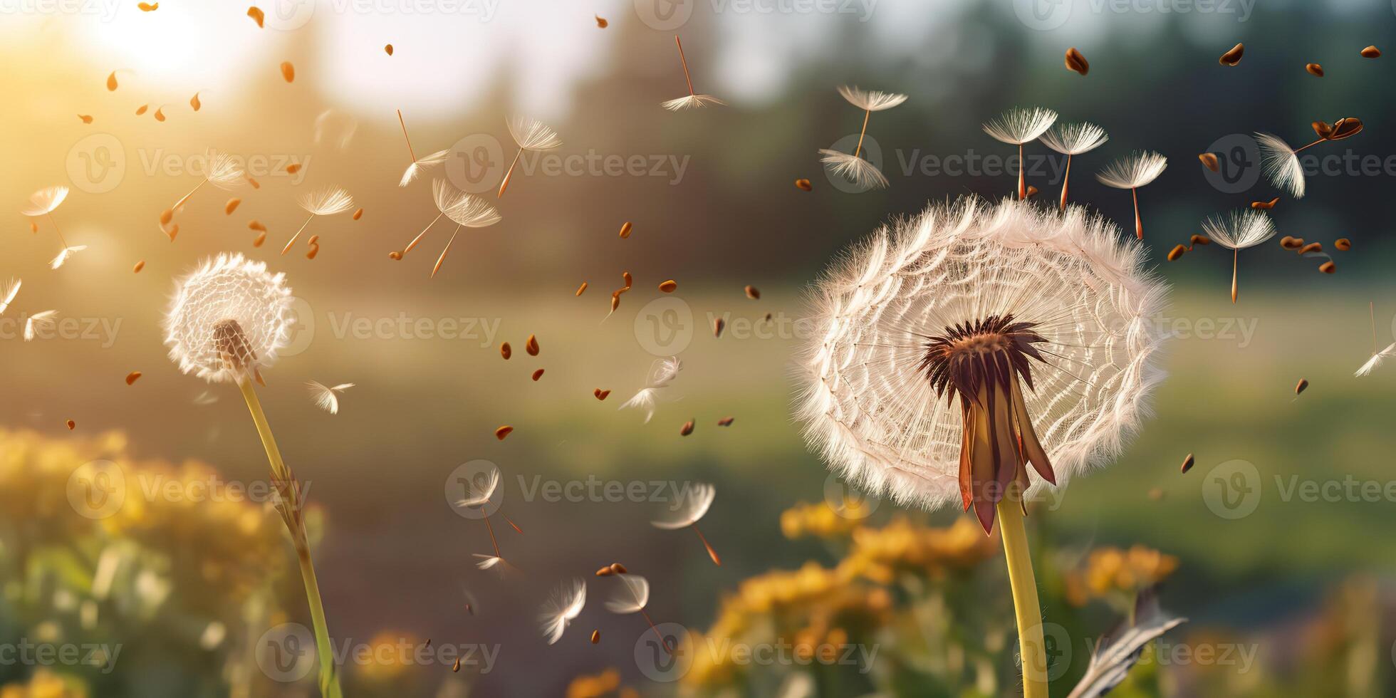 . . Seeded dandelion wild flower on field blowing. Nature outdoor wildflower adventure vacation landscape. Graphic Art photo