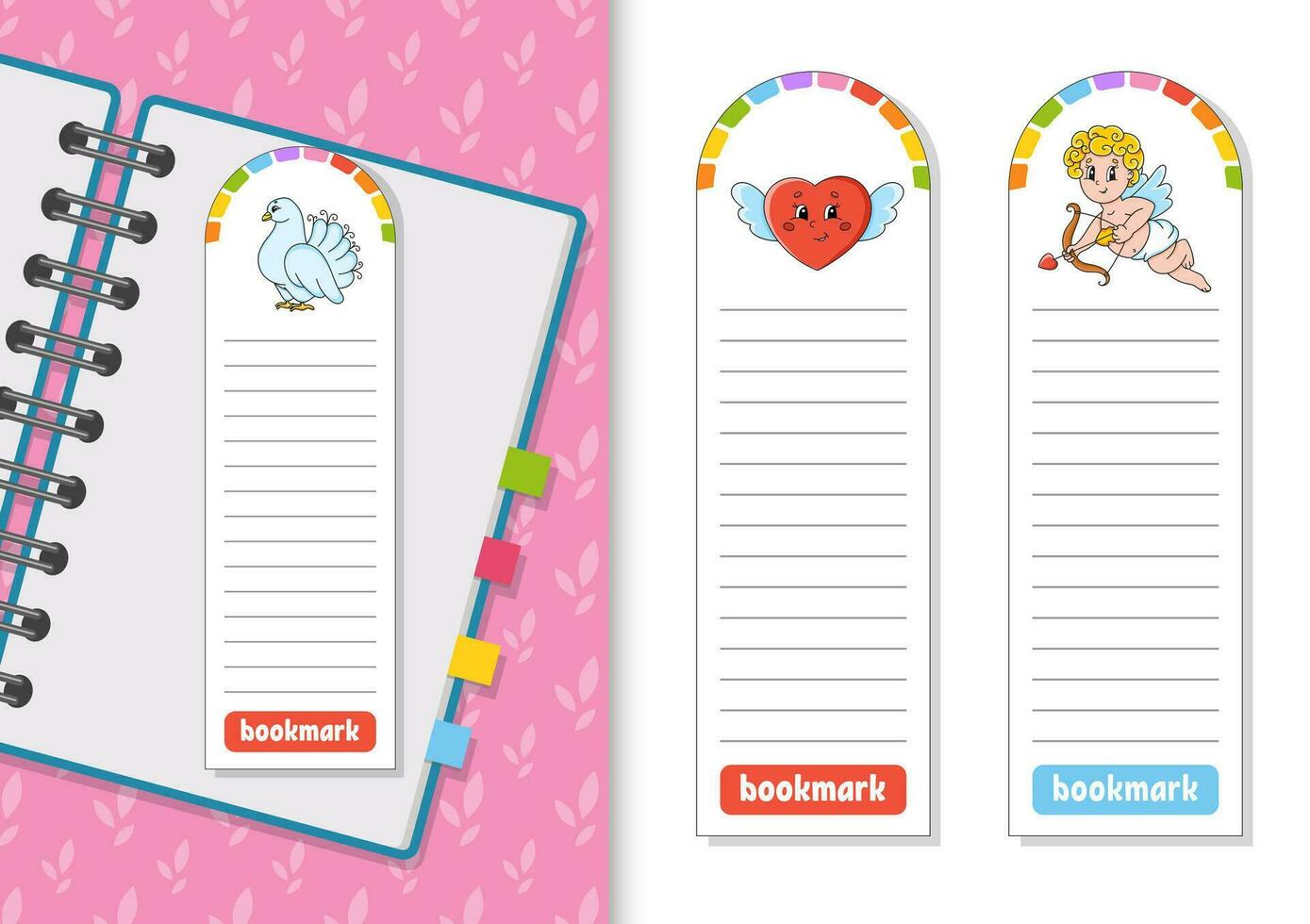Set of paper bookmarks for books with cute cartoon characters. For kids. Isolated on white background. Vector illustration.