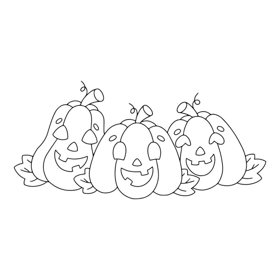 Happy pumpkins. Coloring book page for kids. Halloween theme. Cartoon style character. Vector illustration isolated on white background.