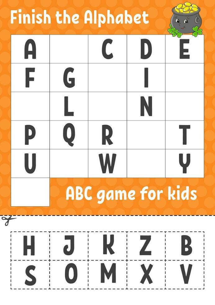 Finish the alphabet. ABC game for kids. Cut and glue. Education developing worksheet. Learning game for kids. Color activity page. St. Patrick's day. vector