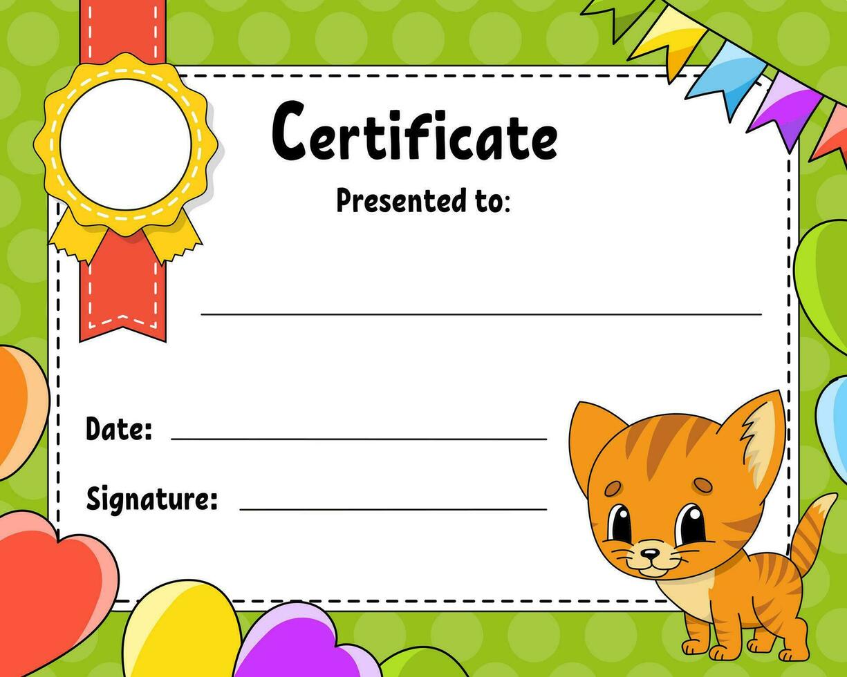 Certificate template for kids. Colorful school and preschool diploma. With cute character. Vector illustration.