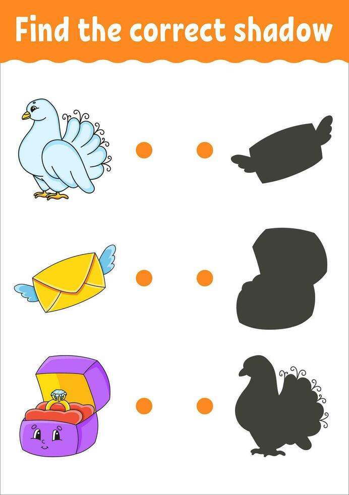 Find the correct shadow. Education developing worksheet. Matching game for kids. Color activity page. Puzzle for children. Cute character. Vector illustration. cartoon style.