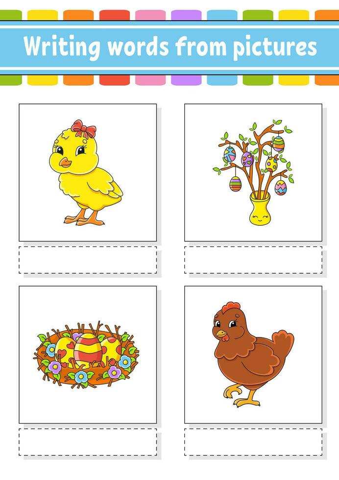 Writing words from pictures. Learn English words. Education developing worksheet. Color activity page. cartoon character. Vector illustration.
