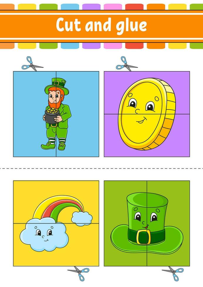Cut and play. Paper game with glue. Flash cards. Education worksheet. Activity page. St. Patrick's Day. Isolated vector illustration. cartoon style.