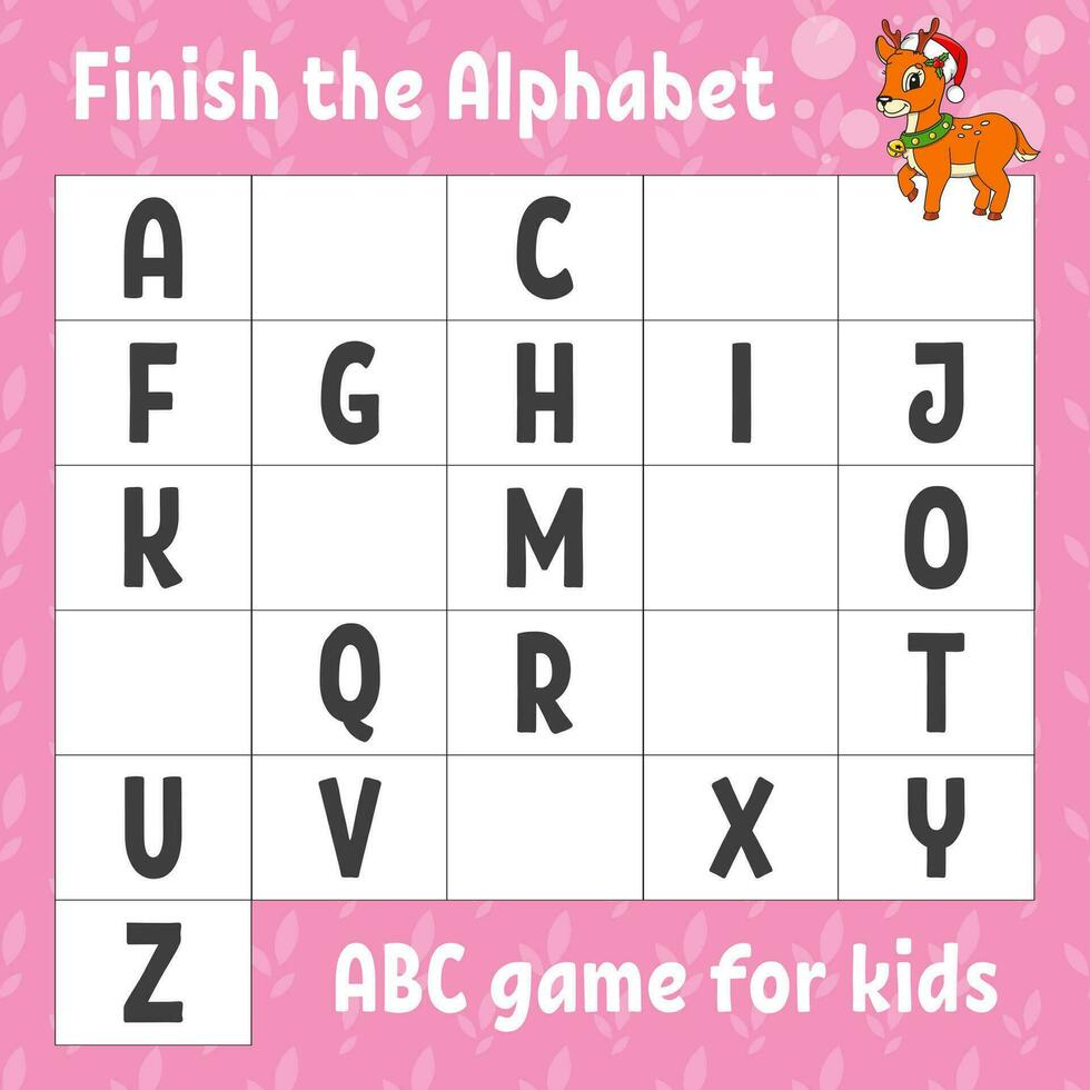 Finish the alphabet. ABC game for kids. Education developing worksheet. Learning game for kids. Christmas theme. Color activity page. vector