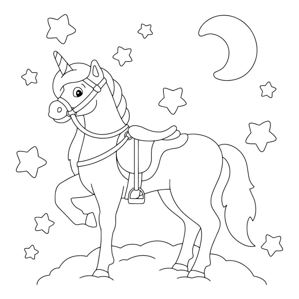 Coloring book page for kids. Magic unicorn. Fairy horse. Cartoon style character. Vector illustration isolated on white background.