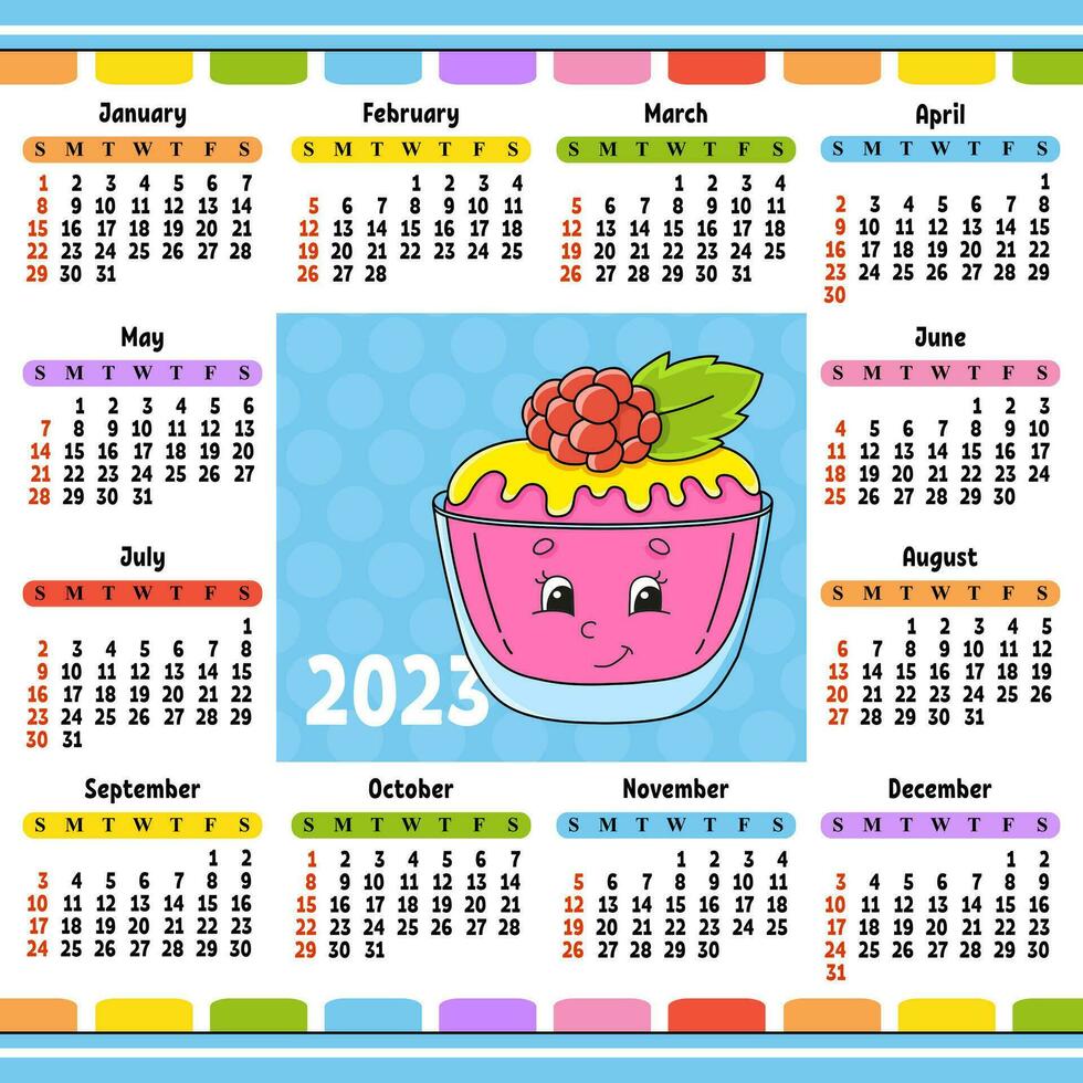 Calendar for 2023 with a cute character. Fun and bright design. Isolated color vector illustration. cartoon style.