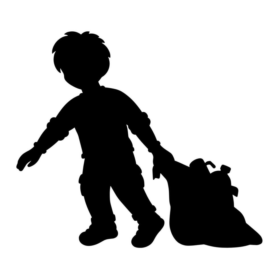 Black silhouette. The boy puts the garbage in the trash bag. Design element. Vector illustration isolated on white background. Template for books, stickers, posters, cards, clothes.