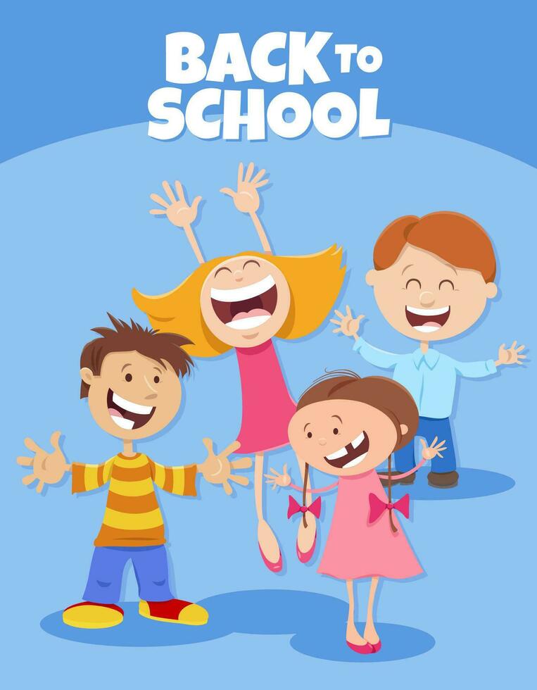 cartoon happy elementary age children with back to school caption vector